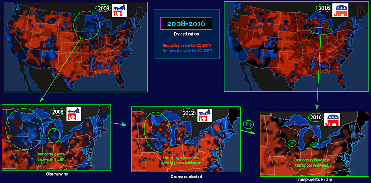 2008-2016 election results by county, maps